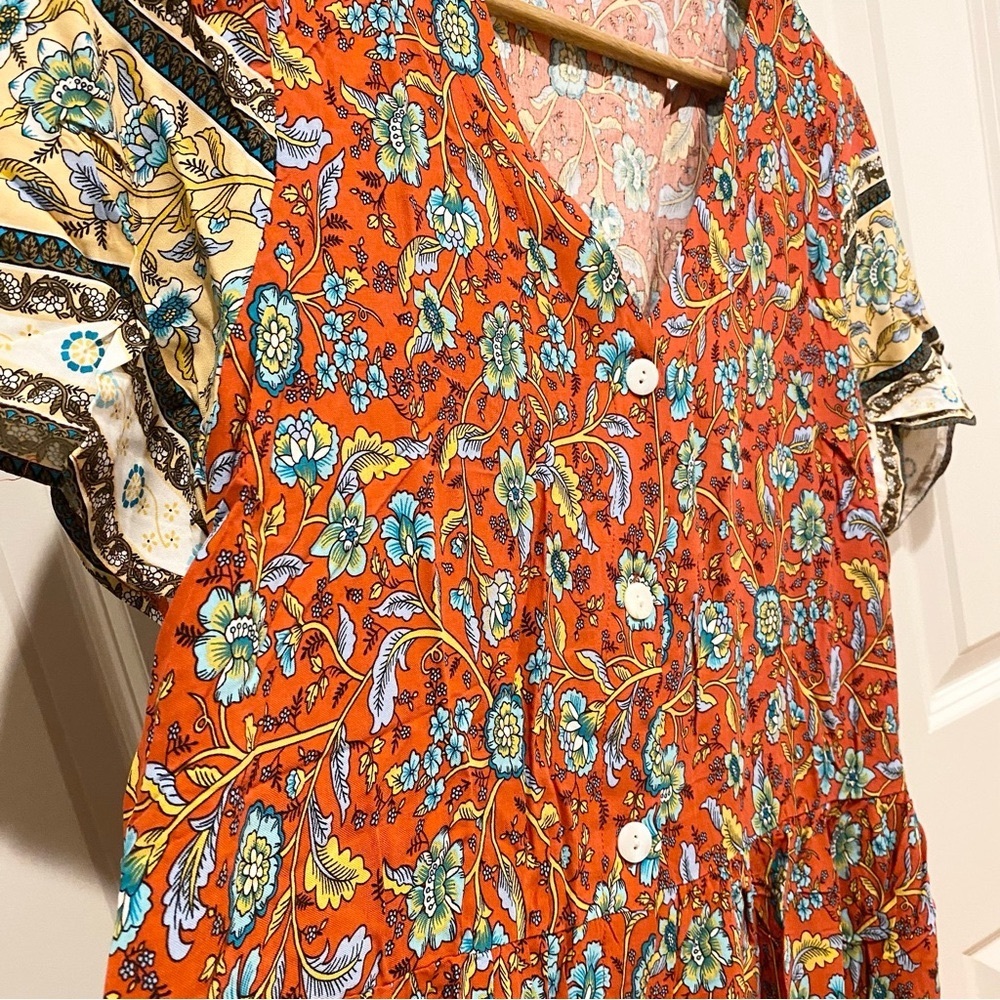 Floral Button Down V-Neck Short Sleeve Mini Dress NWT Medium Crimson Red Combo - Picture 7 of 13
